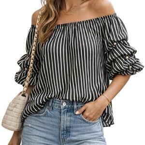 Coco Bianco Black White Striped Off Shoulder Blouse Pearl Sleeve Chic Top L